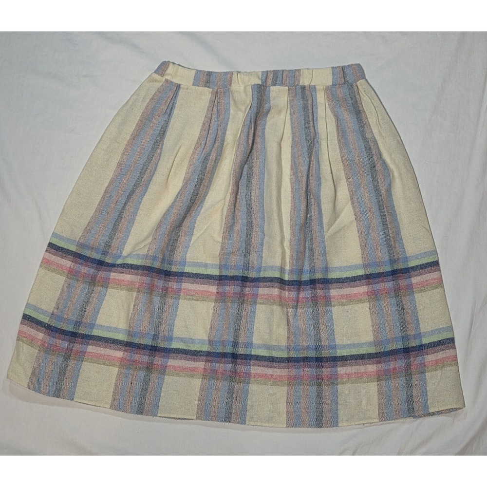 Linen Blend Plaid A-Line Midi Skirt MED Cream Pastel Woven Pleated Cottagecore